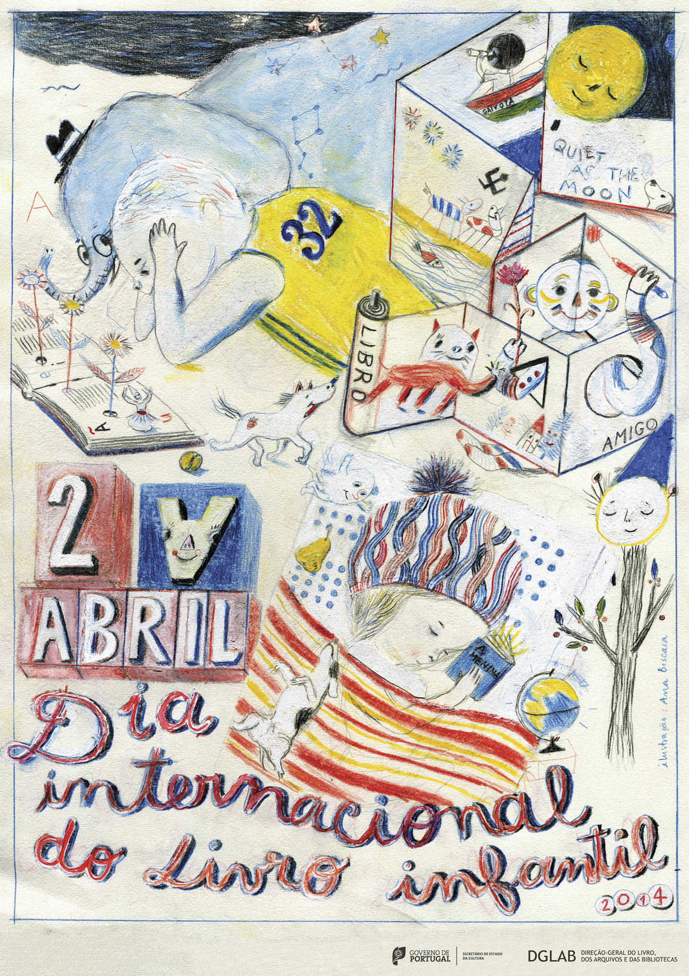 Cartaz do Dia Mundial do Livro Infatil 2014, elaborado por Ana Biscaia